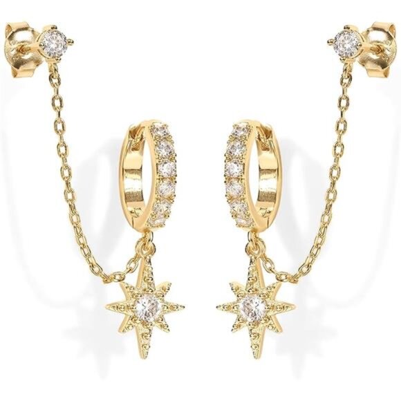 14K Gold Chain Earrings Double Piercing Dangle Hoop CZ Pearl Stud Earrings Women - Picture 6 of 6